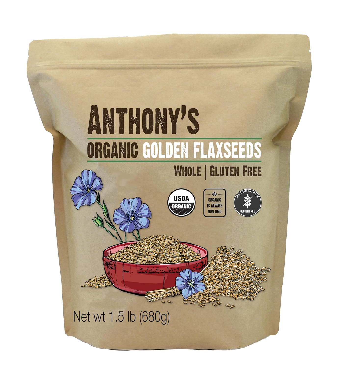 Anthony'S Organic Whole Golden Flaxseeds, 1.5 Lb, Gluten Free, Non-Gmo, Vegan