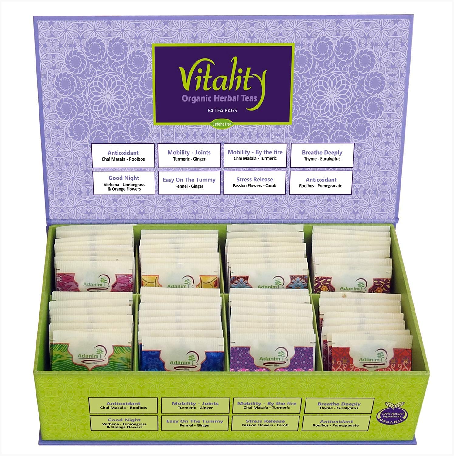 Adanim Bio Vitality Organic Tea Sampler Gift Set Box (8 Flavors Herbal Tea Variety Pack, 64 Individual Tea Bags) Caffeine Free Tea Sets, Assorted Tea Set, Tea Gifts For Tea Lovers