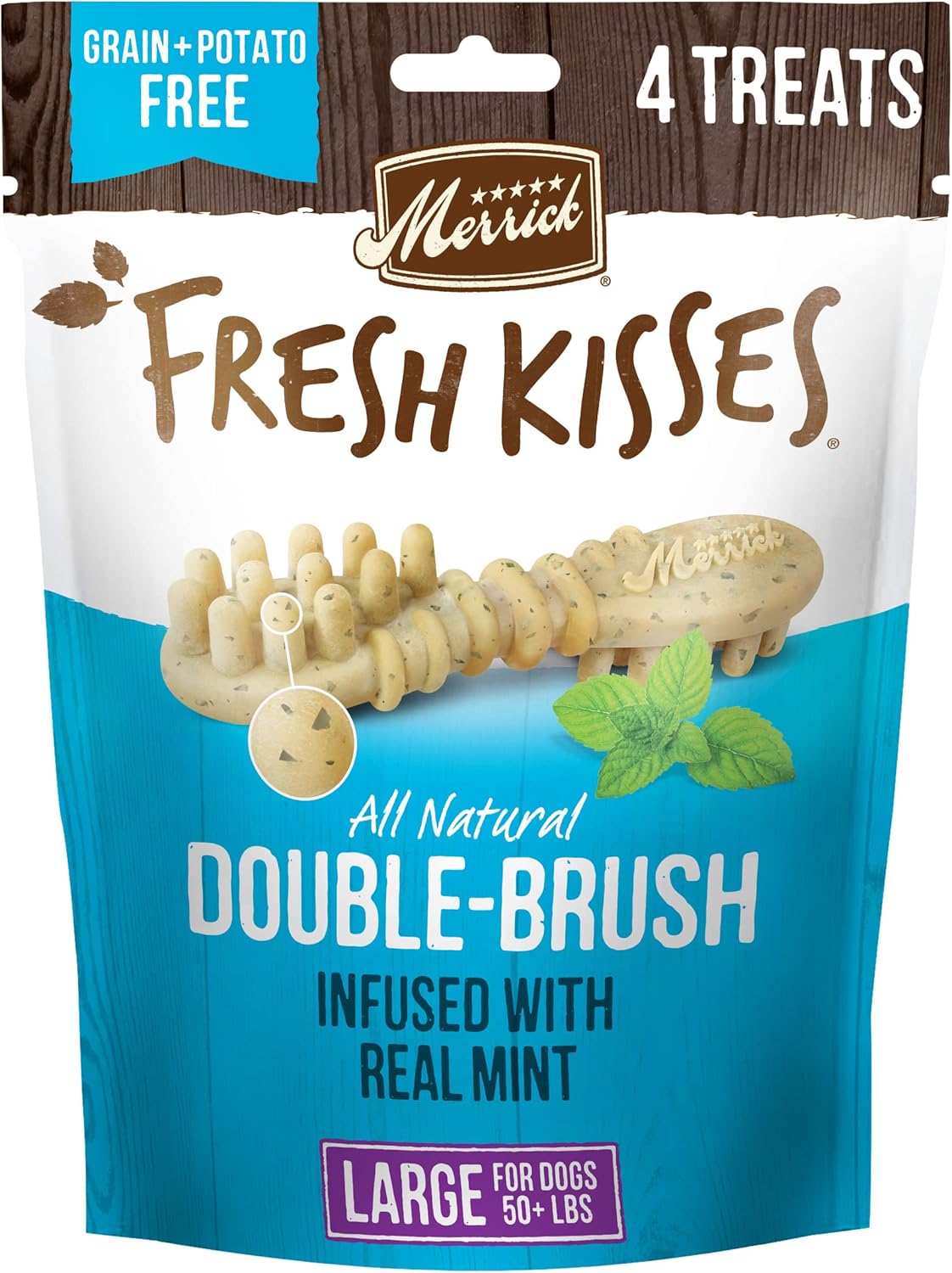 Merrick Fresh Kisses Natural Dental Chews, Toothbrush Shape Treat Infused With Real Mint, For Large Dogs - 4 Ct. Bag