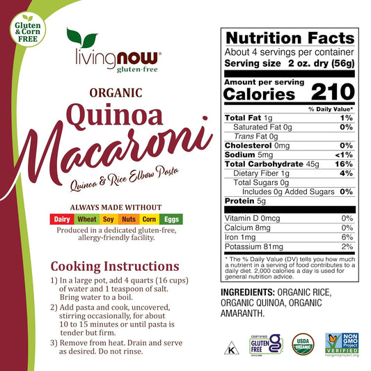 Now Foods, Organic Quinoa Macaroni, Gluten-Free, Corn-Free, Non-Gmo Elbow Pasta, 8-Ounce