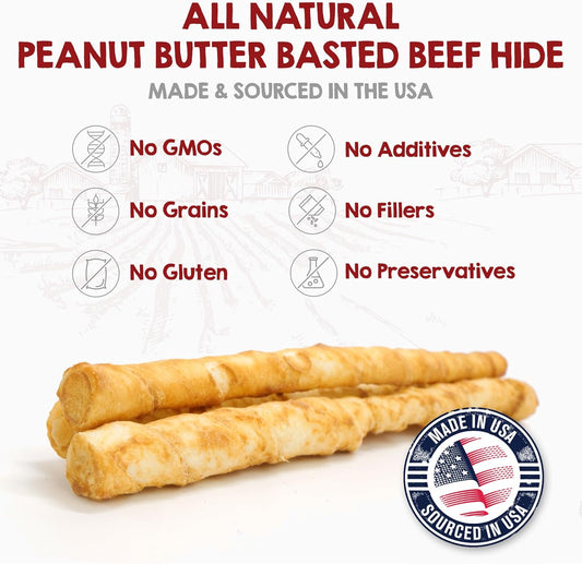 Riley'S Peanut Butter Beef Hide Dog Treats, Usa Sourced & Made Small Dog Treats, Chew Sticks, Raw Hides For Small Dogs, Rawhide Sticks For Dogs, 21 Ct