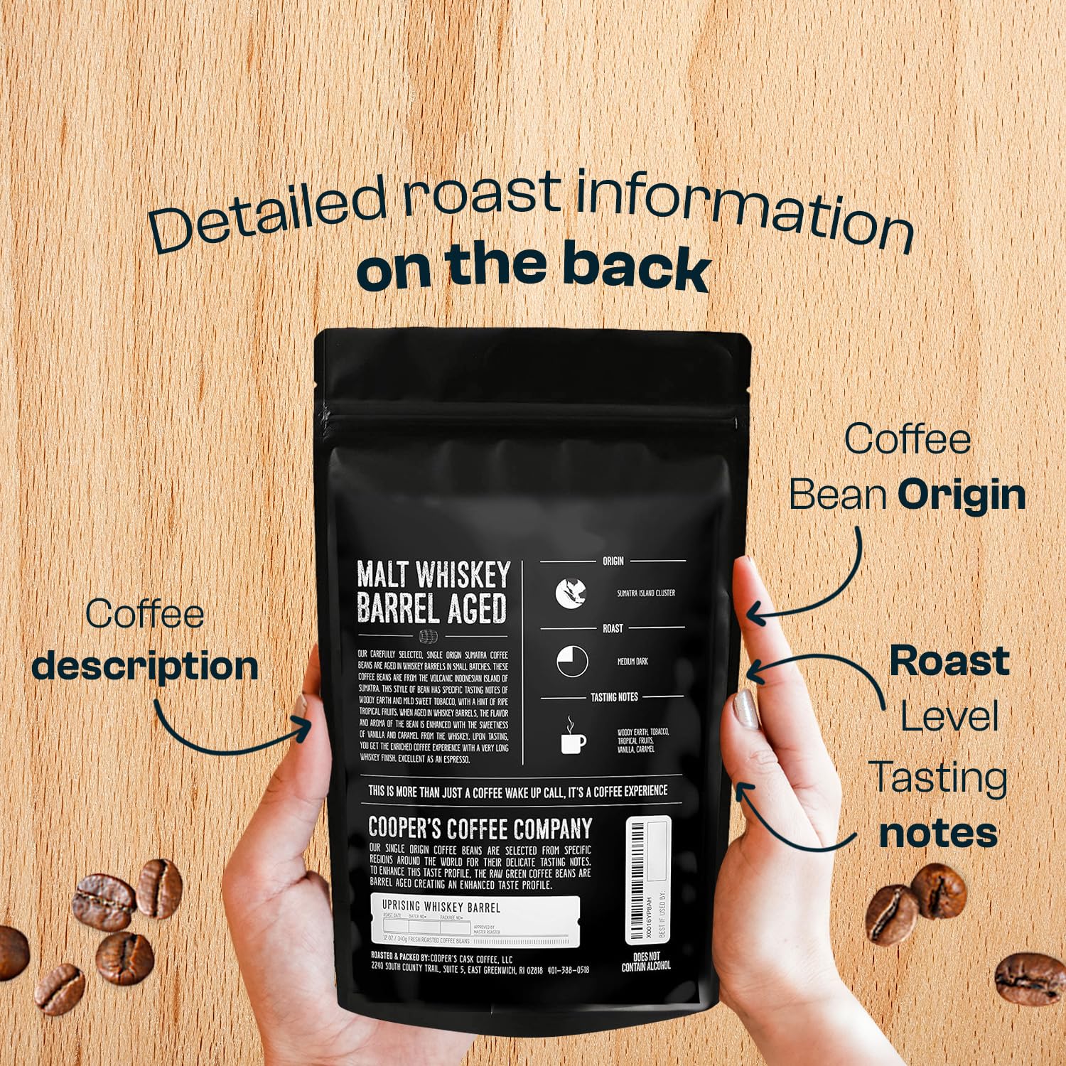 Whiskey Barrel Aged Coffee, Single-Origin Sumatra Beans Aged In American Malt Whiskey Barrels, Medium Dark Roast Whole Bean, 12 Oz