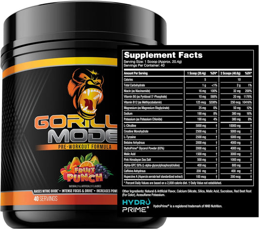 Gorilla Mode Pre Workout - Massive Pumps ú Laser Focus ú Energy ú Power - L-Citrulline, Creatine, L-Tyrosine, Betaine, Hydroprime?, Alpha-GPC, 400mg Caffeine, Huperzine A - 816g (Fruit Punch)