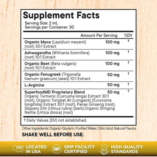 Superfood Md Maca Root Liquid Drops With Ashwagandha, Nettle, Fenugreek, Beet Root And L-Arginine Liquid Multivitamin For Women And Men - 4 Oz