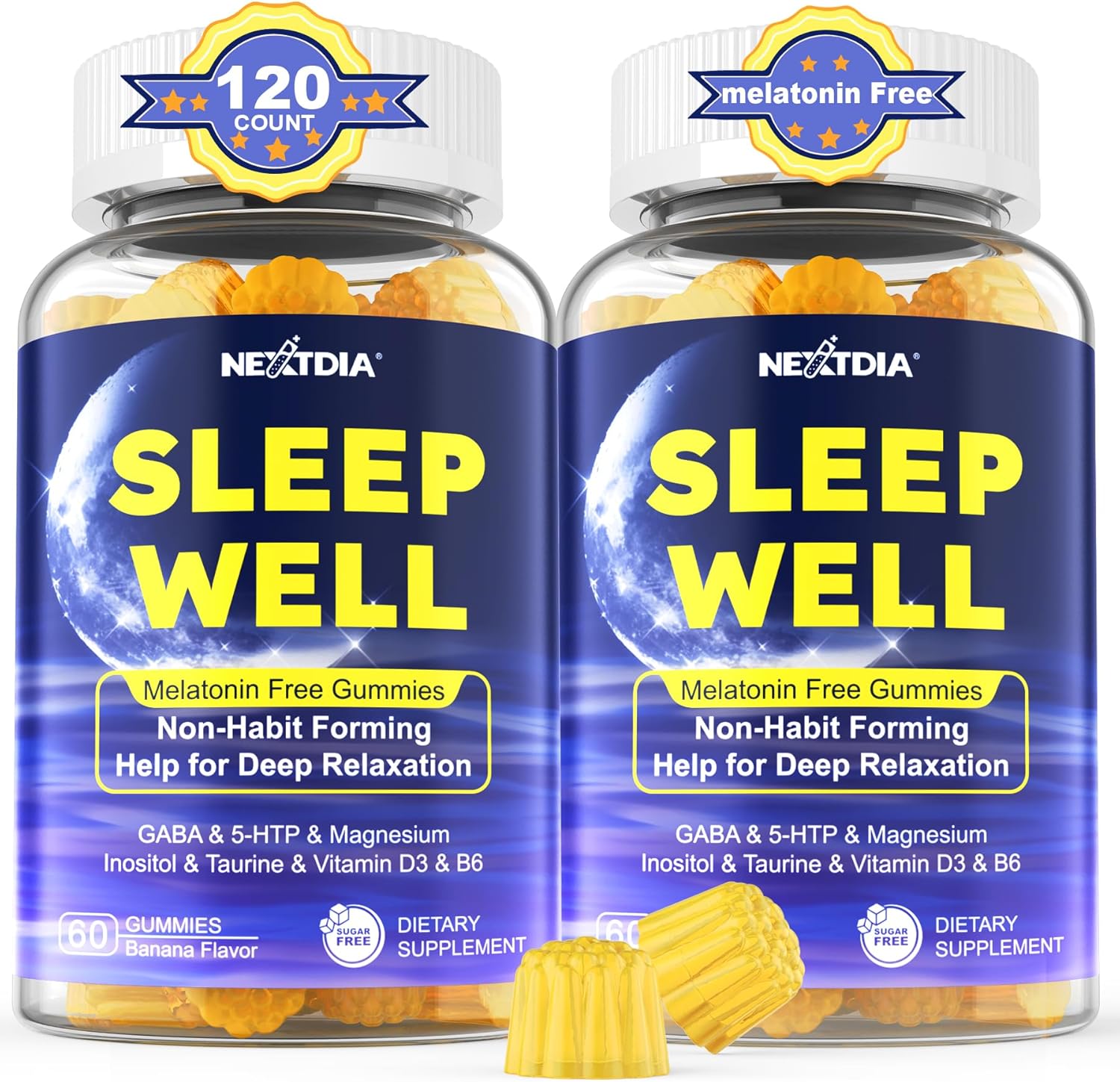 Melatonin Free Sleep Gummies, With Magnesium Glycinate, Gaba, 5-Htp, L-Theanine, Valerian, Chamomile, Lemon Balm, Vitamin D3 & B6 - Hormone & Drug- Free, Non-Habit Forming,Sugar Free