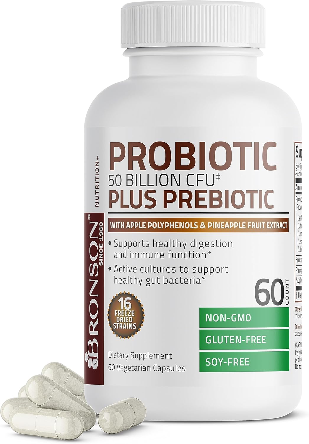 Bronson Probiotic 50 Billion CFU + Prebiotic with Apple Polyphenols & Pineapple Fruit Extract for Women & Men Non-GMO, 60 Vegetarian Capsules