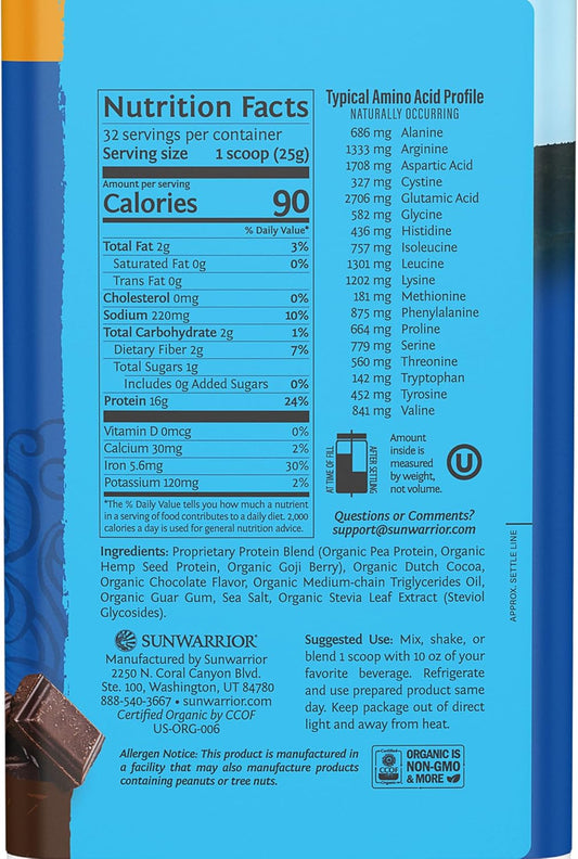 Sunwarrior Vegan Protein Powder Plant-Based Protein Powder Usda Organic | Bcaa Amino Acids Hemp Seed | Keto Friendly Soy, Dairy, Gluten & Synthetic Free Non-Gmo | Chocolate 32 Servings 17G Protein