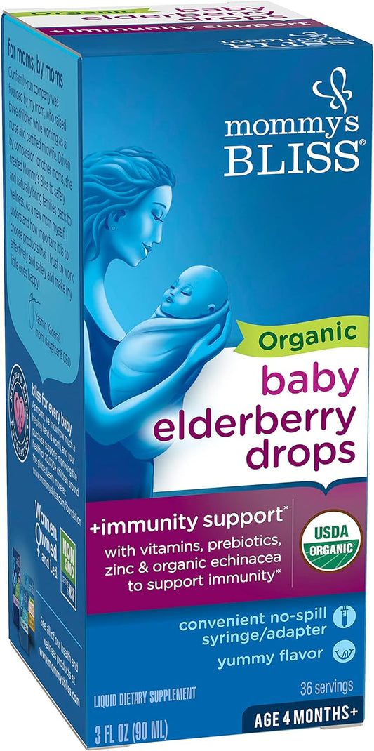 Mommy'S Bliss Organic Baby Elderberry Drops, Immune Support With Vitamins, Prebiotics, Zinc & Organic Echinacea, Age 4 Months +, 3 Fl Oz (36 Servings)