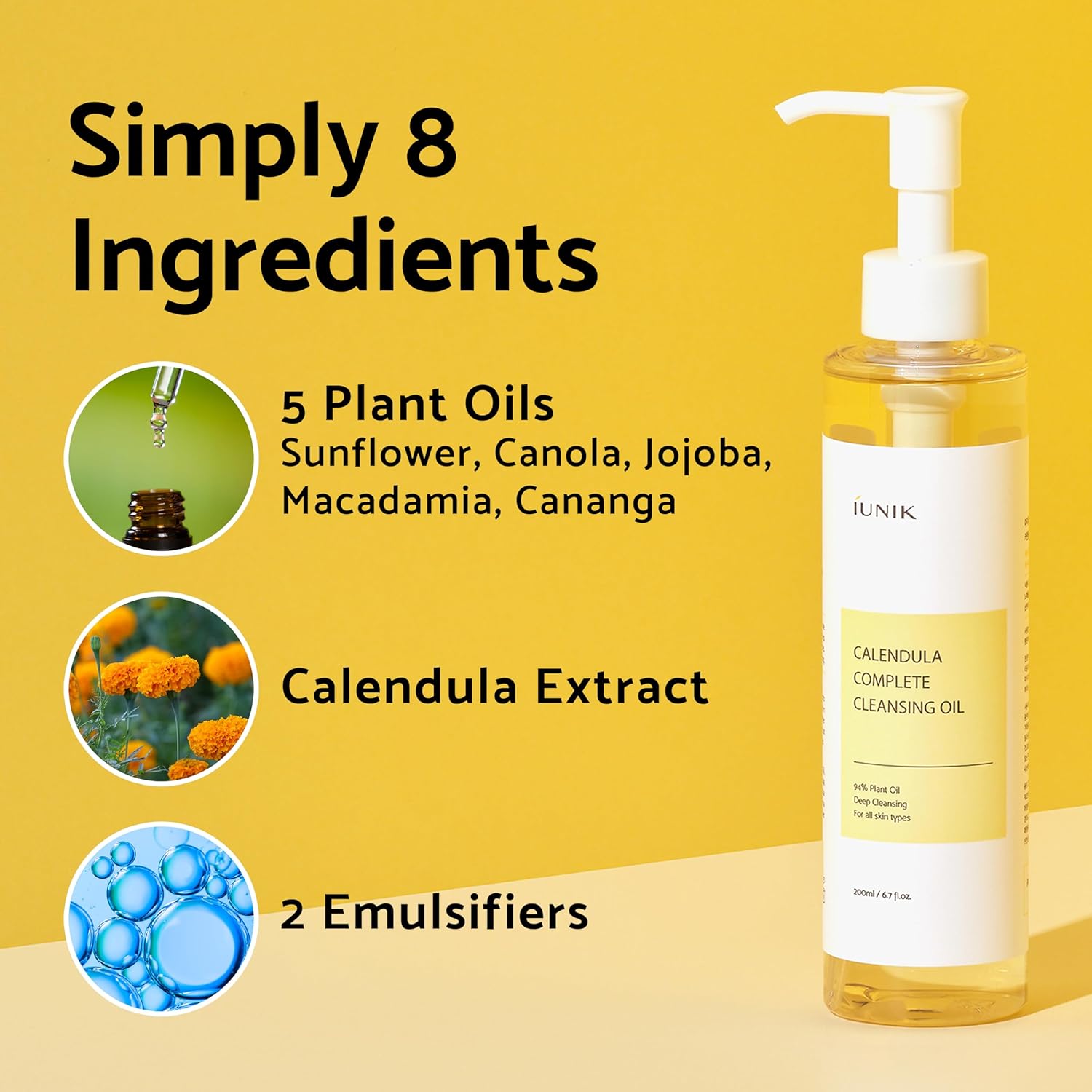 Iunik Calendula & Jojoba Oil-Infused Vegan Cleansing Oil – Gentle Blackhead Melting & Makeup Remover Facial Cleanser W/ 94% Plant-Based Oils Korean Skincare