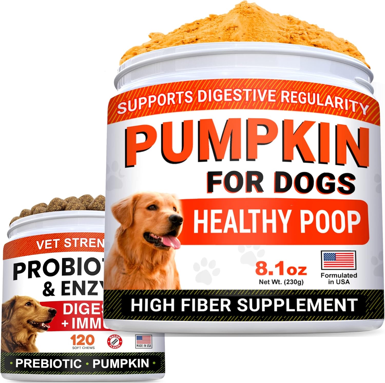 Pumpkin For Dogs + Probiotics Treats Bundle - Upset Stomach + Allergy - Pure Pumpkin Powder + 1 Billion Cfu + Digestive Enzymes + Prebiotics - Digestion + Immunity - 8.1Oz + 120Ct - Made In Usa