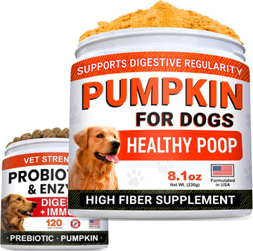 Pumpkin For Dogs + Probiotics Treats Bundle - Upset Stomach + Allergy - Pure Pumpkin Powder + 1 Billion Cfu + Digestive Enzymes + Prebiotics - Digestion + Immunity - 8.1Oz + 120Ct - Made In Usa