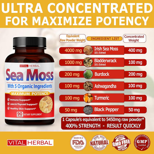 Vital Herbal Irish Sea Moss Capsules Equivalent To 5450Mg - Maximum Potency With Ashwagandha Turmeric Bladderwrack Burdock - Healthy Skin Support Joint & Digestion Overall Health X - 90 Days Supply