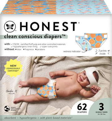 The Honest Company Clean Conscious Diapers | Plant-Based, Sustainable | Orange You Cute + Feeling Nauti | Club Box, Size 3 (16-28 Lbs), 62 Count