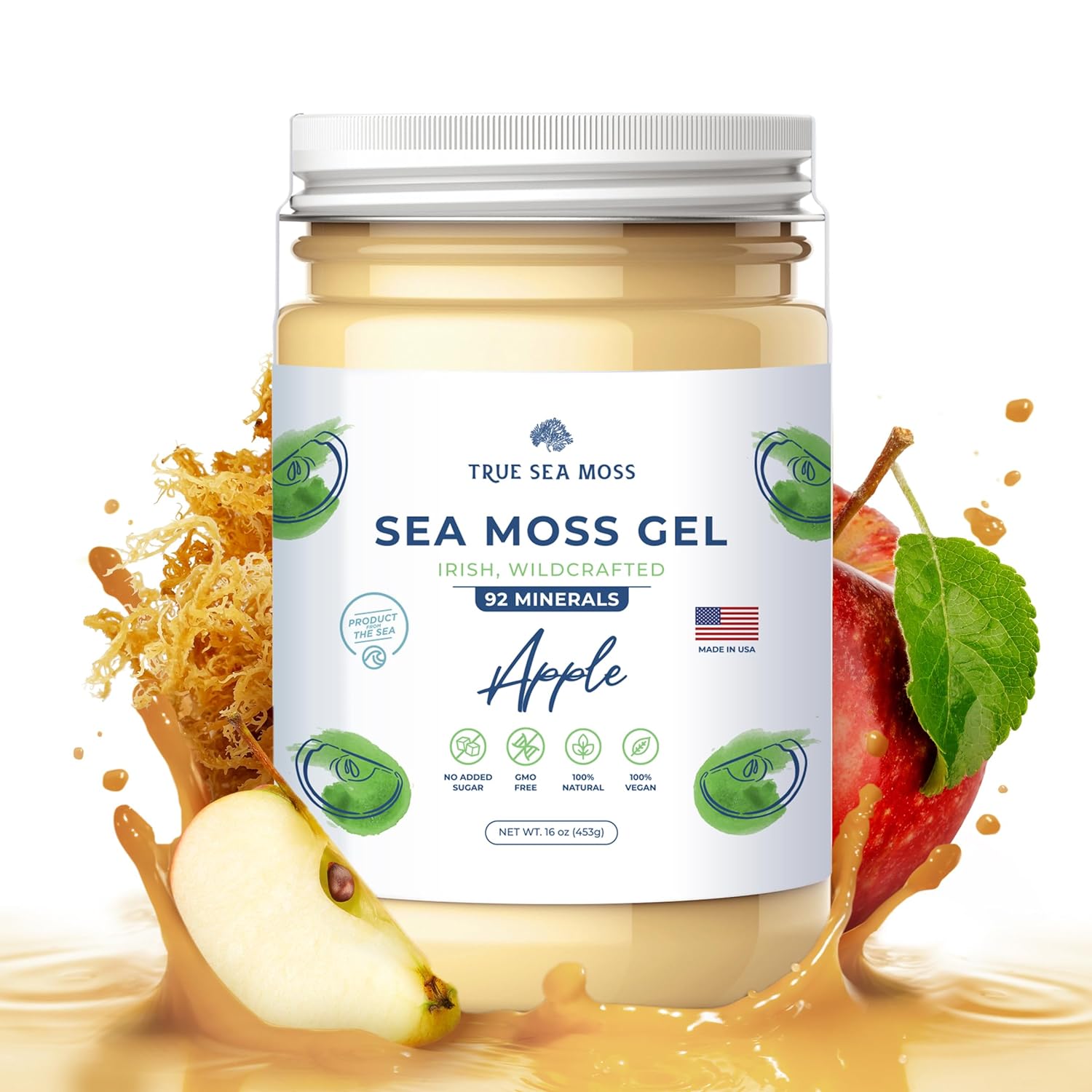 TrueSeaMoss Wildcrafted Irish Sea Moss Gel - Made with Dried Seaweed - Seamoss, Vegan-Friendly, Antioxidant Supports Thyroid & Digestion - Made in USA (Apple, Pack of 1)