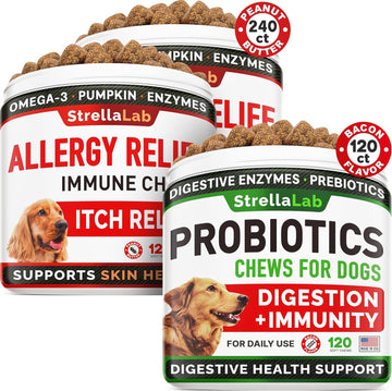 Strellalab Dog Allergy Relief 2 Packs 240 Ct + Probiotics 120Ct - Dog Itchy Skin Treatment - Omega 3 & Pumpkin + Prebiotics - Allergy Chews & Anti Itch Support Supplement + Gas, Upset Stomach Relief
