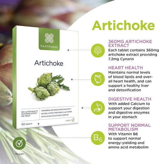 Healthspan Artichoke Extract 360Mg (120 Tablets) | Supports Digestion & Liver Health | High Strength Vegan Artichoke Tablets With 7.2Mg Of Cynarin | With Calcium, Folate & Vitamin B6 | Vegan