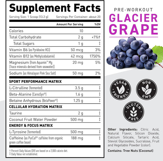 Kaged Athletic Sport Pre Workout Powder | Glacier Grape | Energy Supplement For Endurance | Cardio, Weightlifting Sports Drink | 20 Servings