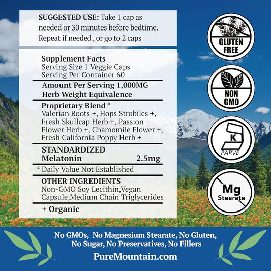 Natural Sleep With Organic Valerian, Chamomile, Passion Flower, Skullcap, Melatonin, Hops & More - 60 Vegan Capsules