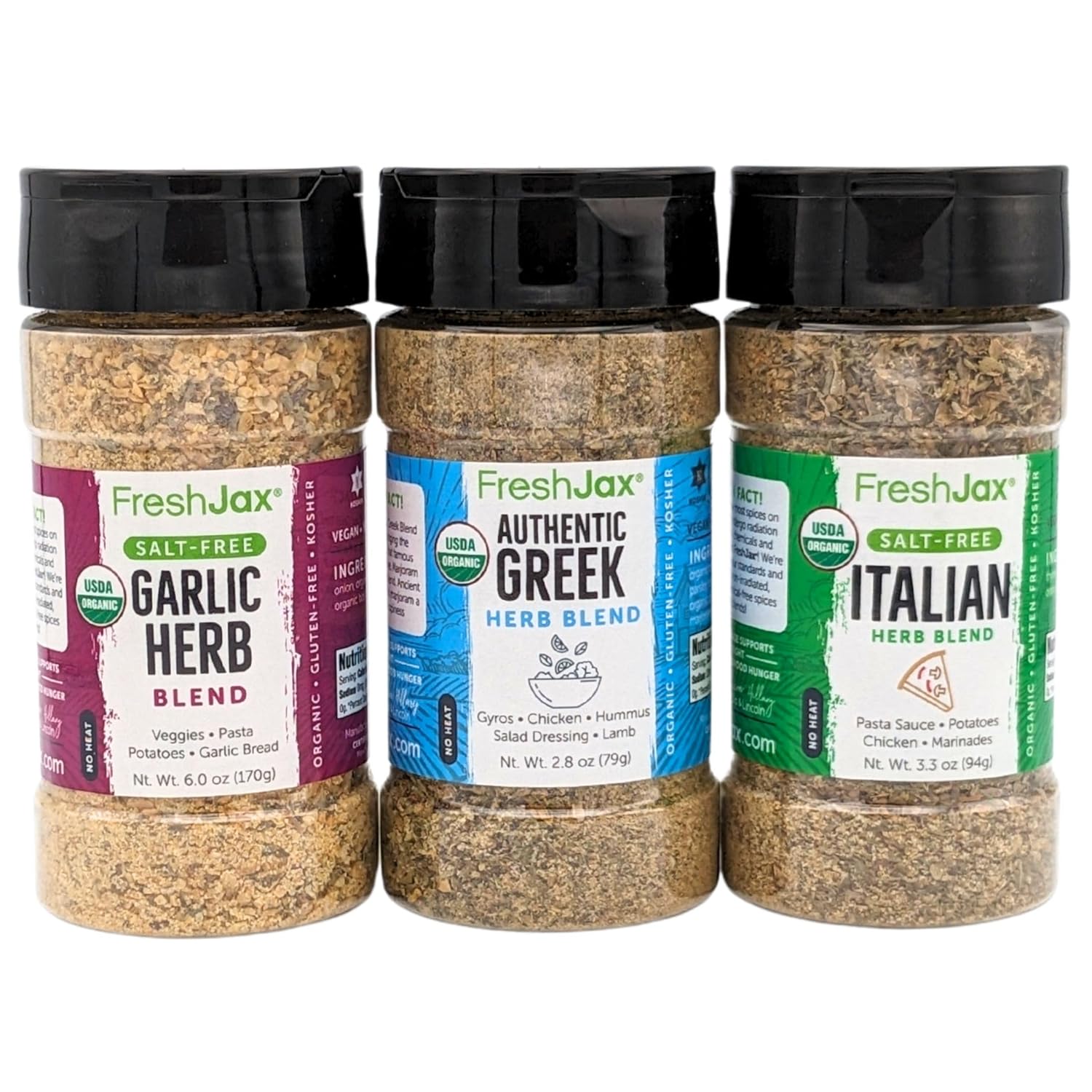 FreshJax Organic Mediterranean Spice Blend Gift Set | 3 Large Bottles | Greek, Italian and Garlic Herb Seasoning Blends | Handcrafted in Jacksonville