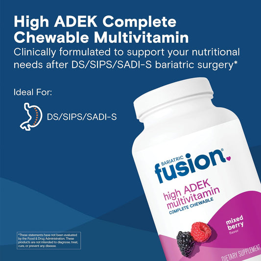 Bariatric Fusion Chewable Multivitamin With High Adek Vitamins | Multi For Duodenal Switch Patients | Mixed Berry Flavored Tablets | With Iron And Calcium | One Month Supply