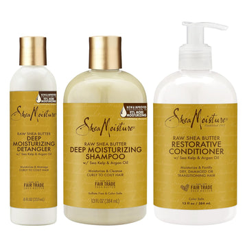 Sheamoisture Deep Moisturizing Hair Care For Curly, Dry And Damaged Hair Raw Shea Butter 3 Count Sulfate Free Shampoo And Conditioner, Hair Detangler With Sea Kelp And Argan Oil