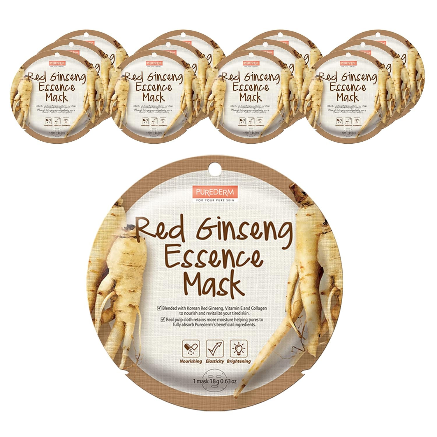 Purederm Red Ginseng Essence Mask (12 Pack) - Red Ginseng Extracts, Collagen, And Vitamin E Ingredients To Help Nourish And Improve Skin Vitality…