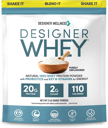 Designer Wellness, Designer Whey, Natural Whey Protein Powder with Probiotics, Fiber, and Key B-Vitamins for Energy, Gluten-Free, Purely Unflavored, 2 lb