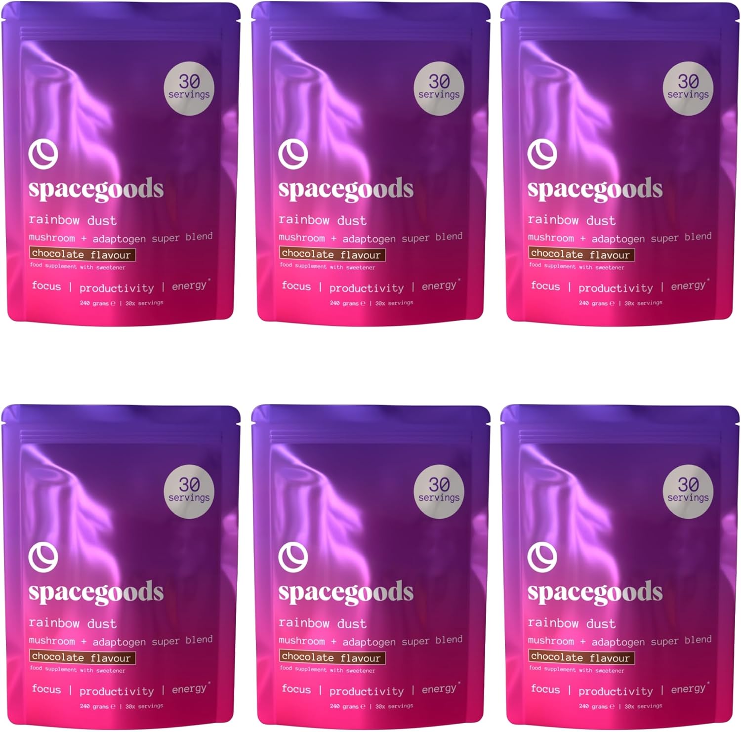 Spacegoods Rainbow Dust 6 Pack 240G | 180 Days Supply | Flavoured Mushroom Coffee | 80Mg Of Natural Caffeine | Lions Mane, Chaga, Ashwagandha & Vitamin B5 | Sharper Focus, Energy & Calm | Chocolate