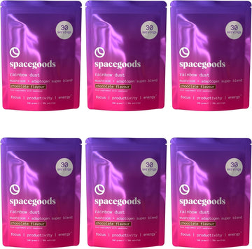 Spacegoods Rainbow Dust 6 Pack 240G | 180 Days Supply | Flavoured Mushroom Coffee | 80Mg Of Natural Caffeine | Lions Mane, Chaga, Ashwagandha & Vitamin B5 | Sharper Focus, Energy & Calm | Chocolate