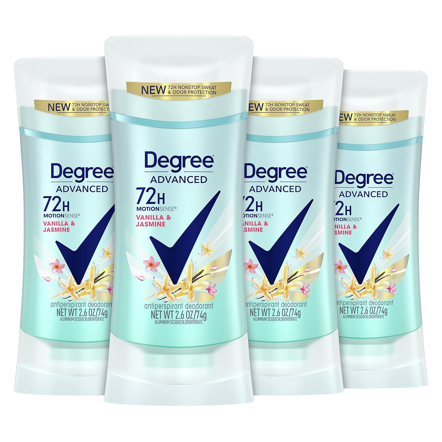 Degree Antiperspirant Deodorant 72-Hour Sweat And Odor Protection Vanilla And Jasmine Antiperspirant For Women With Motionsense Technology 2.6 Oz 4 Count