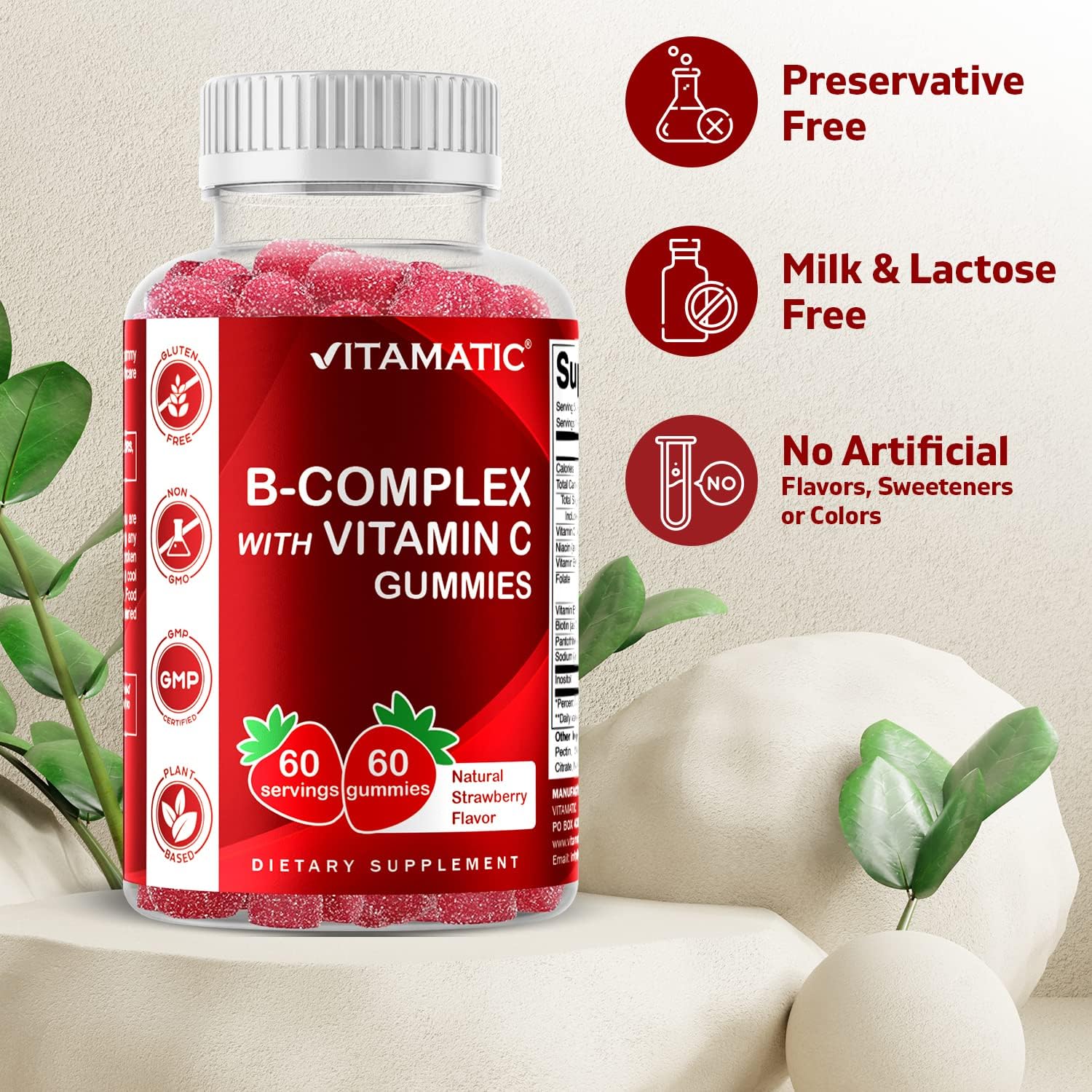 Vitamatic Vitamin B Complex Gummies with Vitamin C & Inositol - Natural Strawberry Flavor - 60 Gummies (1 Bottle) : Health & Household