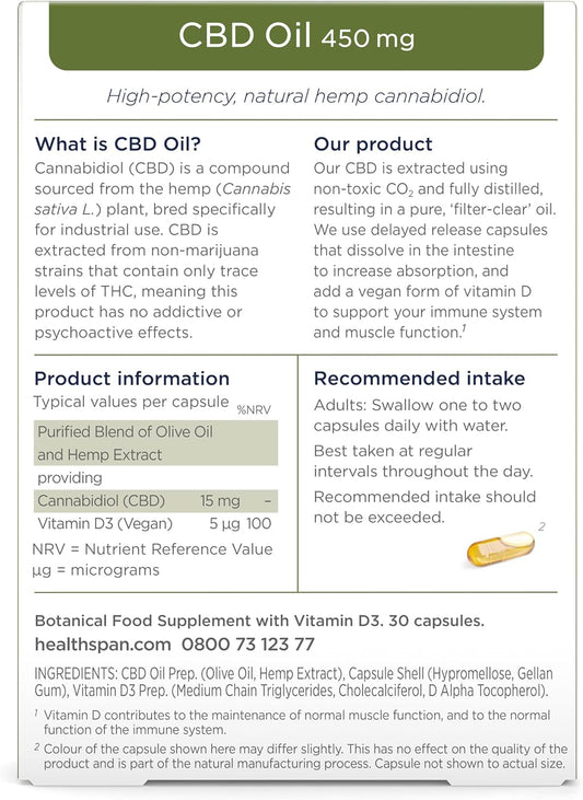 Healthspan 900Mg (2 X Packs Of 450Mg) Cbd Oil Capsules | 60 Capsules | Added Vitamin D3 | Vegan