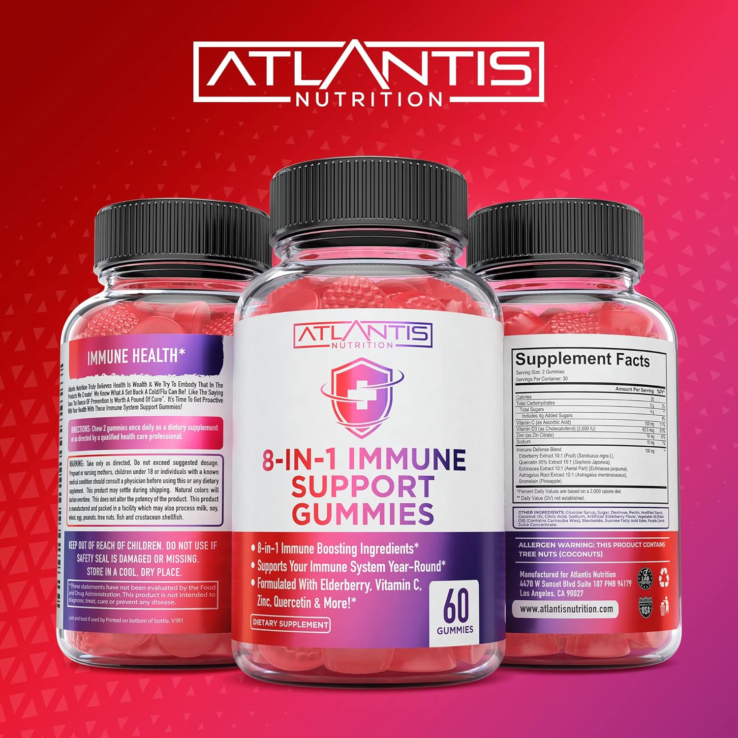Atlantis Nutrition 8-In-1 Immune Support Gummies With Elderberry | Immune Supplement With Elderberry, Quercetin, Zinc, Vitamin C - Immunity Boosters For Adults & Kids - Delicious Flavor - 60 Count : Health & Household