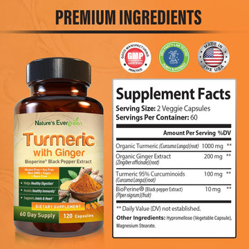 Turmeric With Ginger Root Joint Support Supplement | Turmeric Curcumin Supplement 95% Curcuminoids | Contains Organic Turmeric & Ginger With Black Pepper Extract For Max Absorption. 120 Capsules