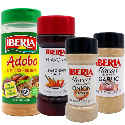 Iberia Garlic Powder, 9.1 Oz + Iberia Onion Powder, 7.5 Ounce + Iberia Seasoning Salt, 12 Oz + Iberia Adobo Without Pepper, 16 oz
