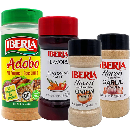 Iberia Garlic Powder, 9.1 Oz + Iberia Onion Powder, 7.5 Ounce + Iberia Seasoning Salt, 12 Oz + Iberia Adobo Without Pepper, 16 oz : Everything Else