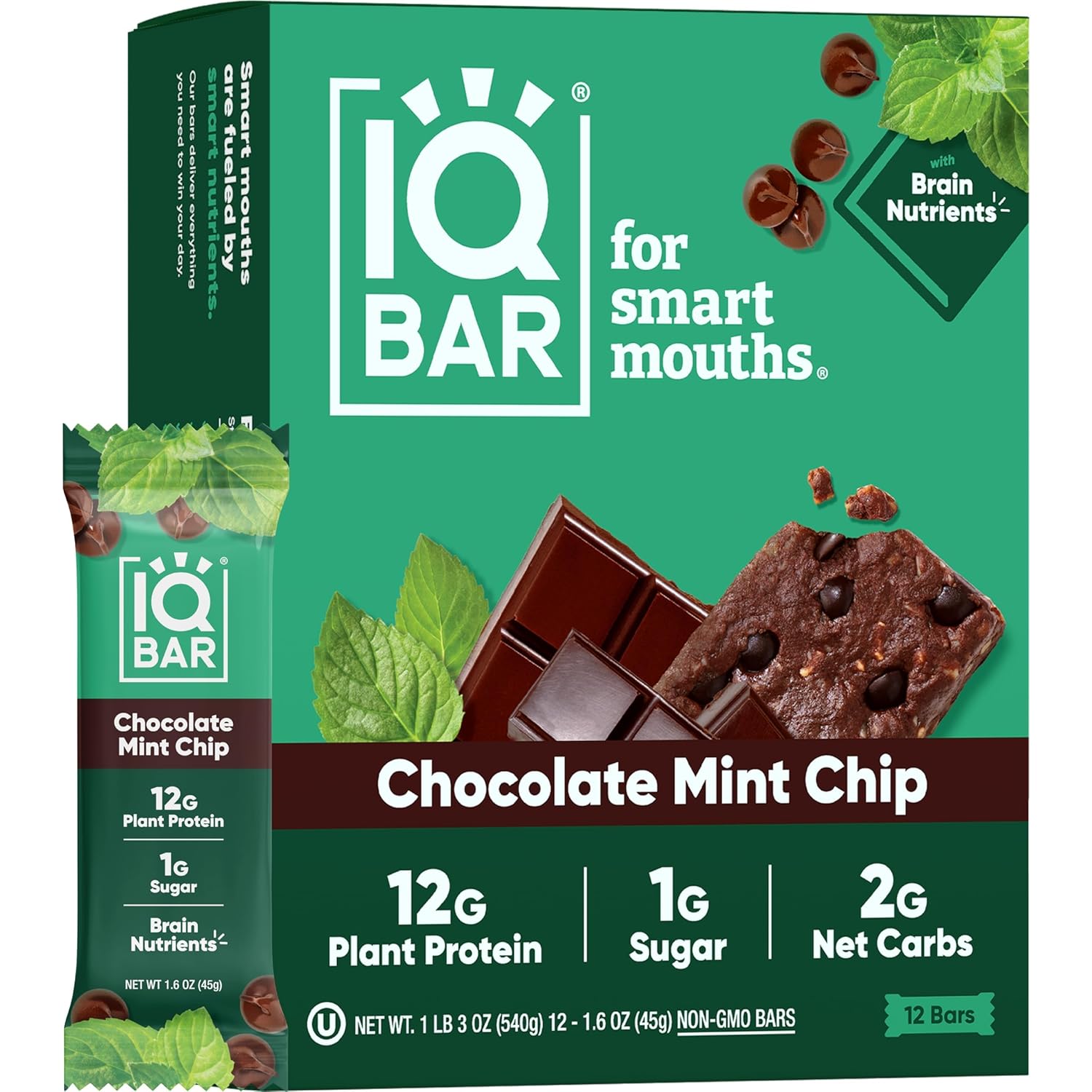 Iqbar Brain And Body Keto Protein Bars - Chocolate Mint Chip - 12-Count Energy Bars - Low Carb/Sugar - High Fiber Meal Replacement Bars - Vegan Snacks