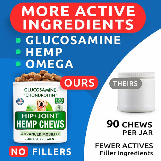 Hemp Chews Dogs Hip Joint Pain Relief - Glucosamine Chondroitin Hemp Treats For Joint Health - Dog Joint Supplement Large Breed & Small - Hemp Oil Pill - Canine Vitamin Treat Old Dog (240Ct/Bacon)