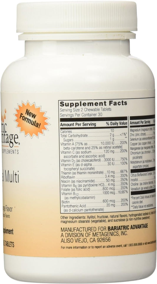 Bariatric Advantage Essential Multi without Iron, Chewable Multivitamin for Bariatric Surgery Patients, Includes Vitamin B12, C, D and Folate - Orange, 60 Count