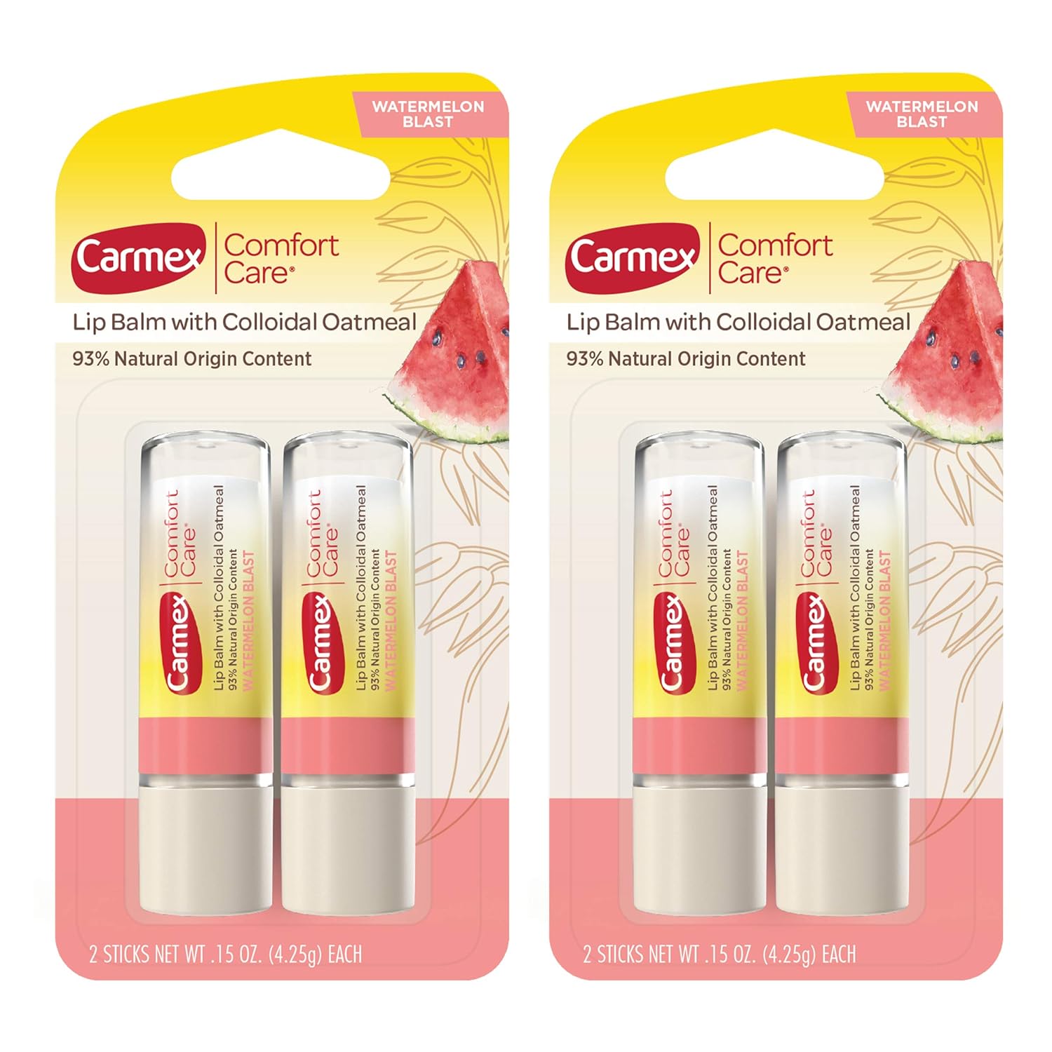 Carmex Comfort Care Lip Balm Sticks With Colloidal Oatmeal, Watermelon Blast Flavor, 4 Count (2 Packs Of 2)