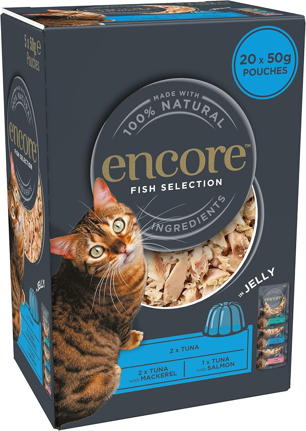 Encore Natural Wet Cat Food, Multipack Tuna with Fish Selection in Jelly 5 x 50g Pouch, Pack of 4 (Packing May Vary)?ENCP8223