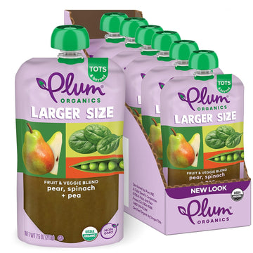 Plum Organics Tots & Beyond Organic Toddler Food - Pear and Pea - 7.5 oz Pouch (Pack of 6) - Organic Fruit and Vegetable Toddler Food Pouch