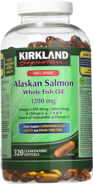 Kirkland Signature 100% Wild Alaskan Salmon Oil 90 EPA 110 DHA 1200mg - 320 Enteric Coated Softgels