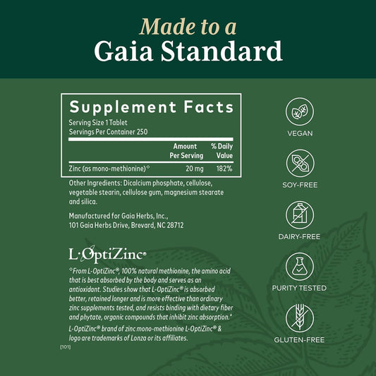 Gaia Herbs Pro Zinc 20 - Immune & Antioxidant Support Supplement - with Zinc Monomethionine - 20mg Zinc Supplement - 250 Tablets (250 Servings)