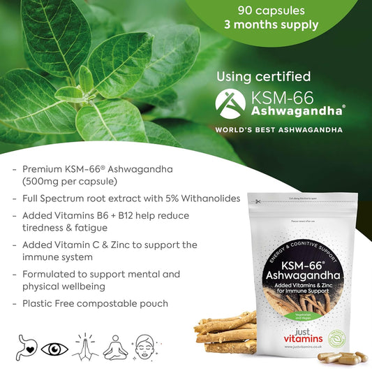 Advanced Ashwagandha KSM?66® Complex Capsules with 500mg of Premium KSM-66® Ashwagandha Per Capsule (x60) High Strength Root Extract - 5% Withanolides with Vitamin C, B6, B12 & Zinc. Vegan & UK Made