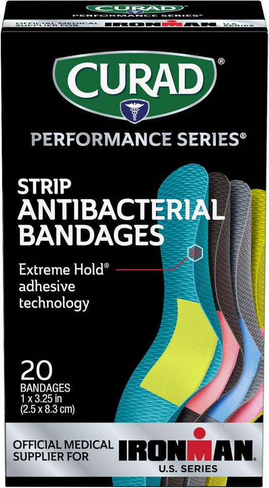 Curad Performance Series Ironman Antibacterial Bandages, Extreme Hold Adhesive Technology, Standard Size Flexible Fabric Bandages For Cuts, Scrapes, & Burns, Assorted Colors, 1 X 3.25 Inches, 20 Count