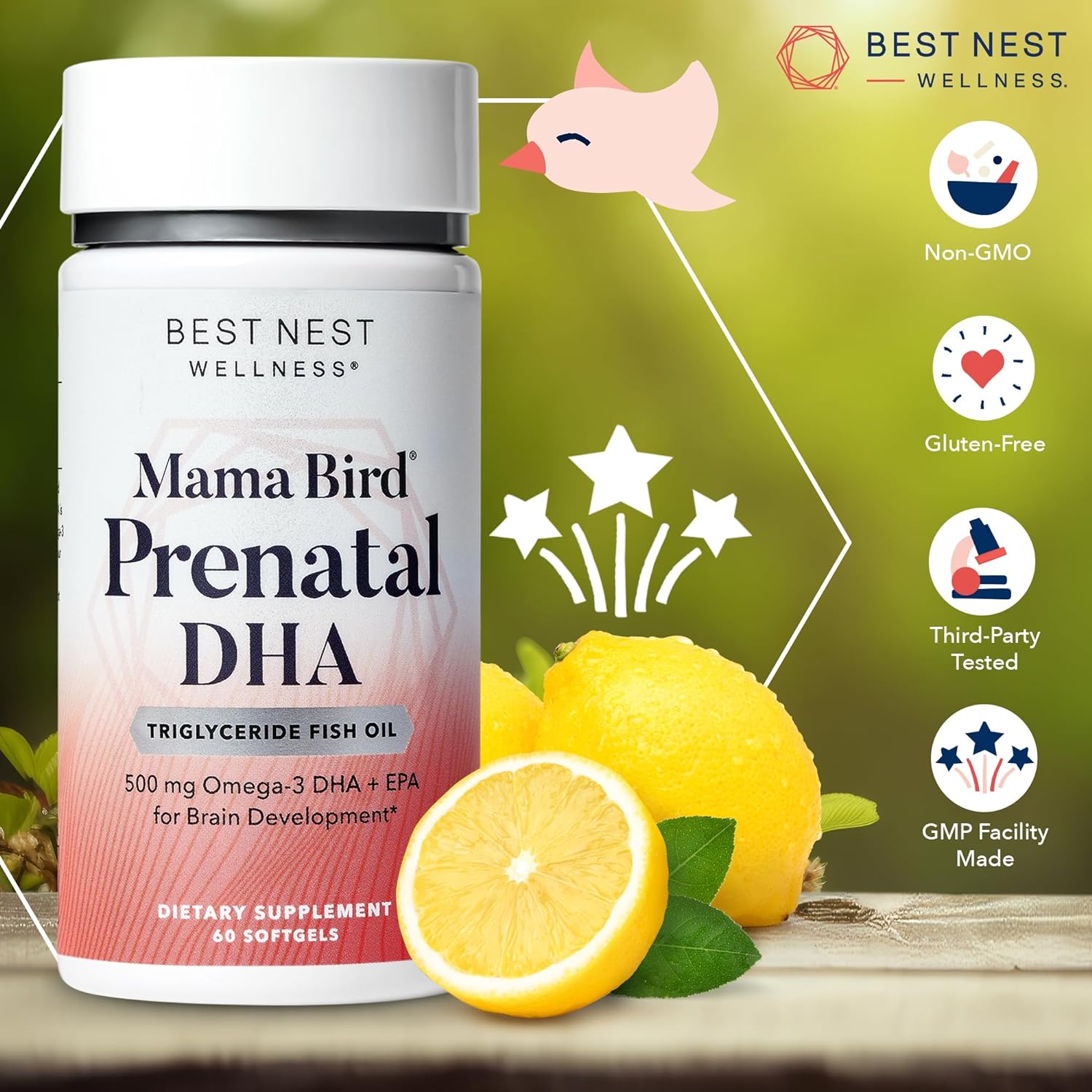 Best Nest Wellness Mama Bird Prenatal DHA Vitamin, 500 mg, Triglyceride Fish Oil, Supports Baby's Brain & Eyes, Easy to Swallow Softgels, Lemon Flavor, 60 Ct : Health & Household