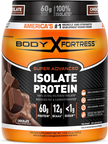 Body Fortress 100% Ultra-Filtered Isolate Protein Powder, Chocolate, 60G Protein & 12G Bcaas Per 2 Scoops, Muscle Gain & Recovery, Immune Support With Vitamins C & D, 1.5Lbs, Packaging May Vary