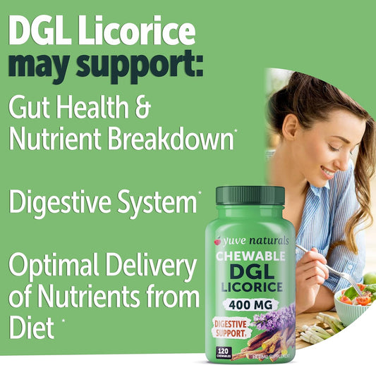 Chewable Ultra Pure Dgl Licorice Tablets 400Mg - Stomach, Gut & Intestinal Relief - Natural Acid Reflux Formula - Dgl Deglycyrrhizinated Licorice Root Extract - 120 Chewables