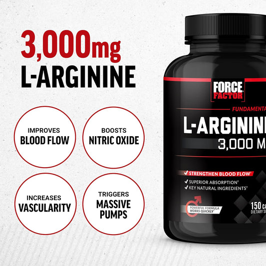 FORCE FACTOR L-Arginine Nitric Oxide Supplement with BioPerine to Help Build Muscle and Support Stronger Blood Flow, Circulation, Nutrient Delivery, and Pumps, L-Arginine 3000mg, 3g, 150 Capsules